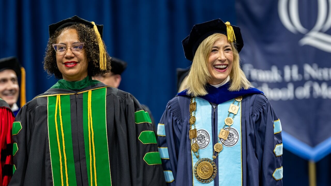 President Marie Hardin smiling at the School of Medicine Commencement Ceremony