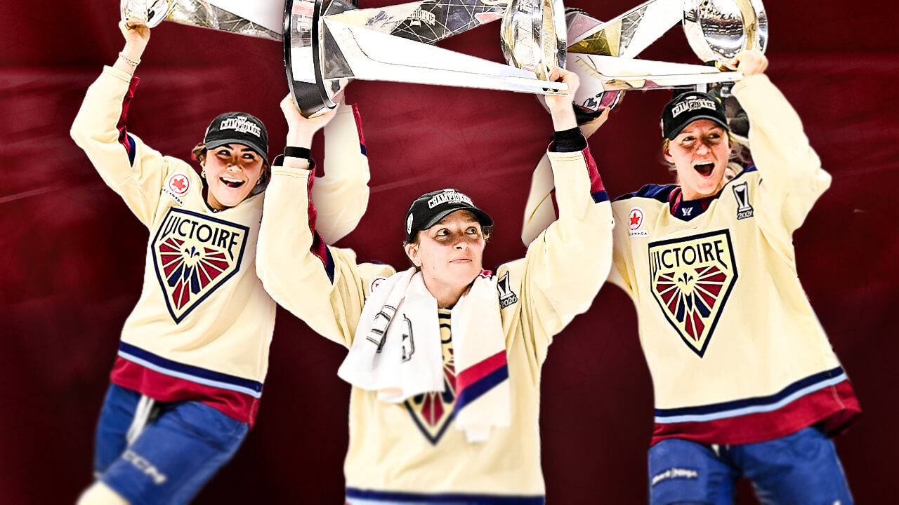 Shiann Darkangelo ’15, Maya Labad ’25 and Kati Tabin ’20 hold the Walter Cup