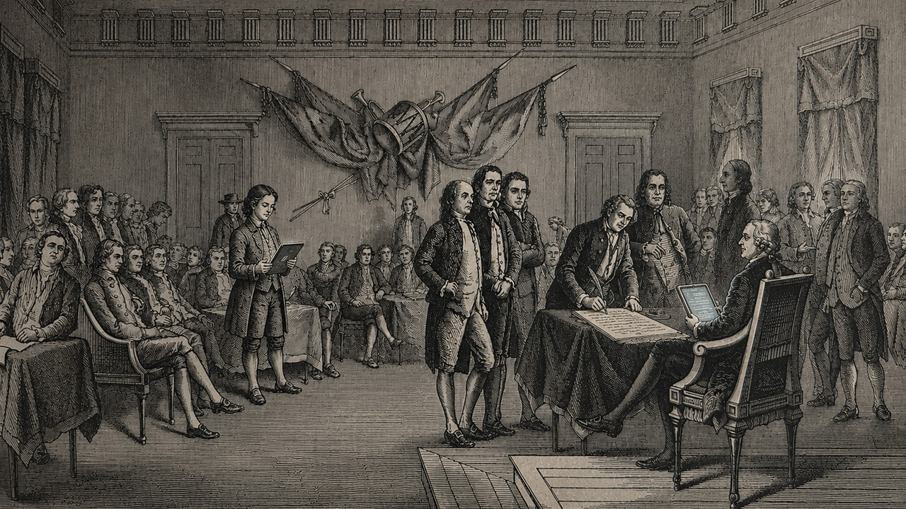 AI-generated image showing founding fathers with electronic tablets