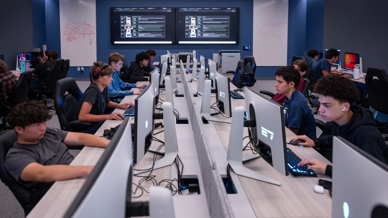 Two rows of students working on computers